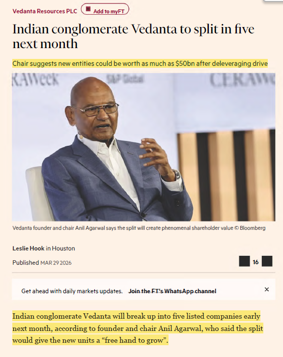 viceroyresearch's tweet image. $VEDL - Zero credibility

29 March - #Vedanta's @AnilAgarwal_Ved says demerger early next month via @FT. 

Within 24 hours the demerger is extended to June.

Valuation crashes from $100bn per entity to $50bn while still pushing the deleveraging lie.

Which is it? @lesliehook 1/2
