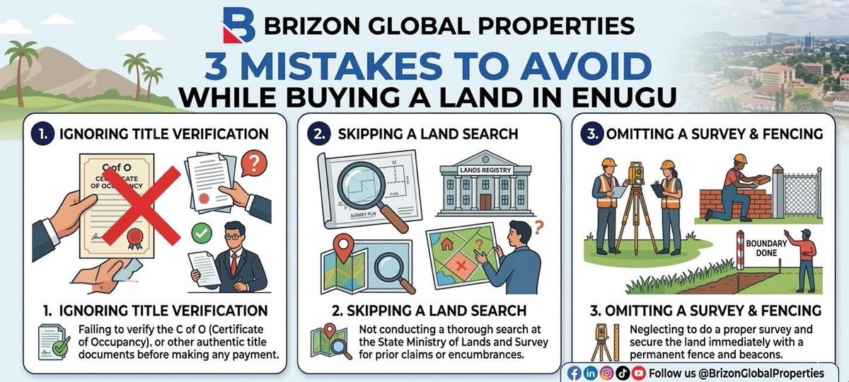 BrizonEstate's tweet photo. Buying land in the Coal City is one of the best investments you can make, but it has to be done right. At Brizon Global Properties, we’ve seen too many people lose their hard-earned money to avoidable errors.
Before you make that payment, ensure you: https://t.co/Njn2Lm48Ly