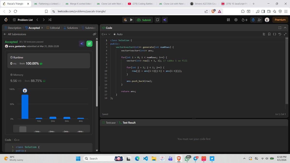 Geetanshu11291's tweet photo. Day:- 13 of maintaining a @LeetCode streak🏆
1. Solved Pascals Triangle.
#366daysofleetcode #dsa
#leetcode #consistency https://t.co/hORfyUiDI1