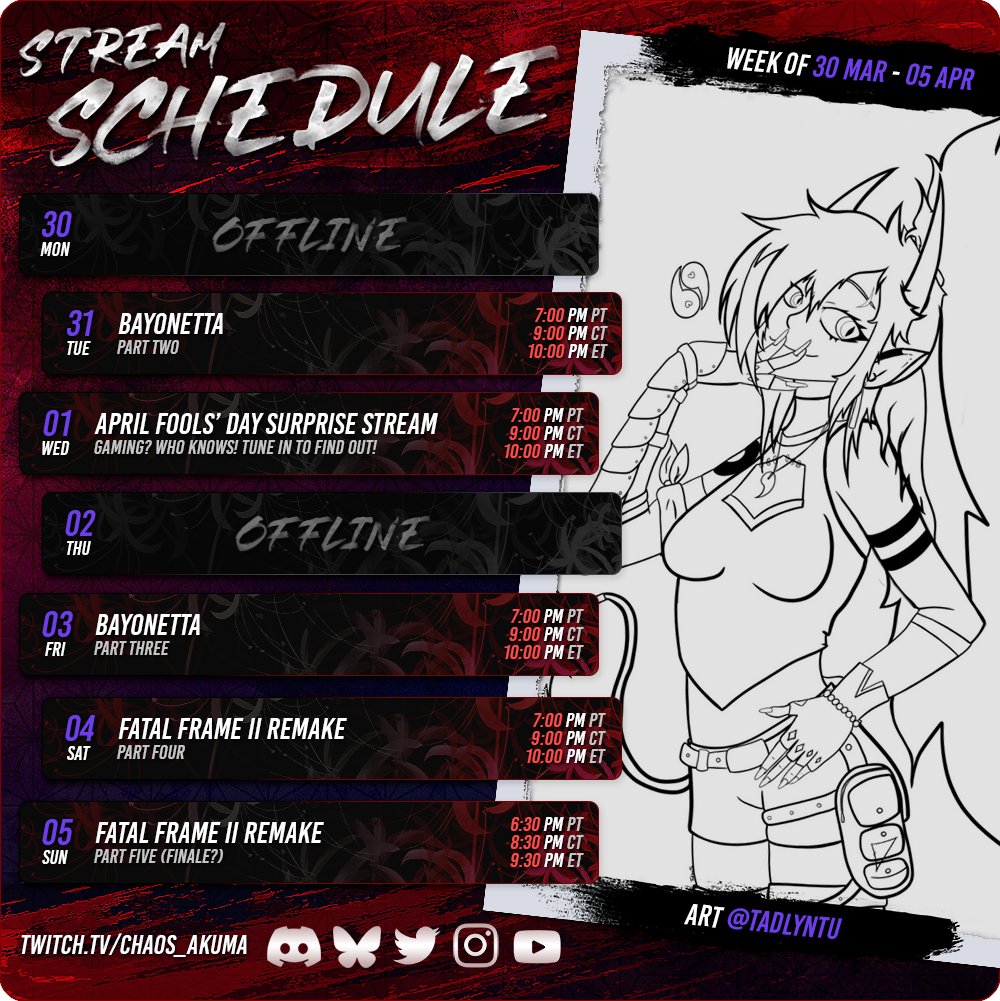 Chaos_Akuma's tweet image. 💋STREAM SCHEDULE / MAR 30 - APRIL 5💋
This week we're back in the rhythm with more Bayonetta, Fatal Frame II REMAKE, and we're having a special April Fools' Day stream! What's coming? Tune in to find out! #vtuber #envtuber #vcanada #vcan