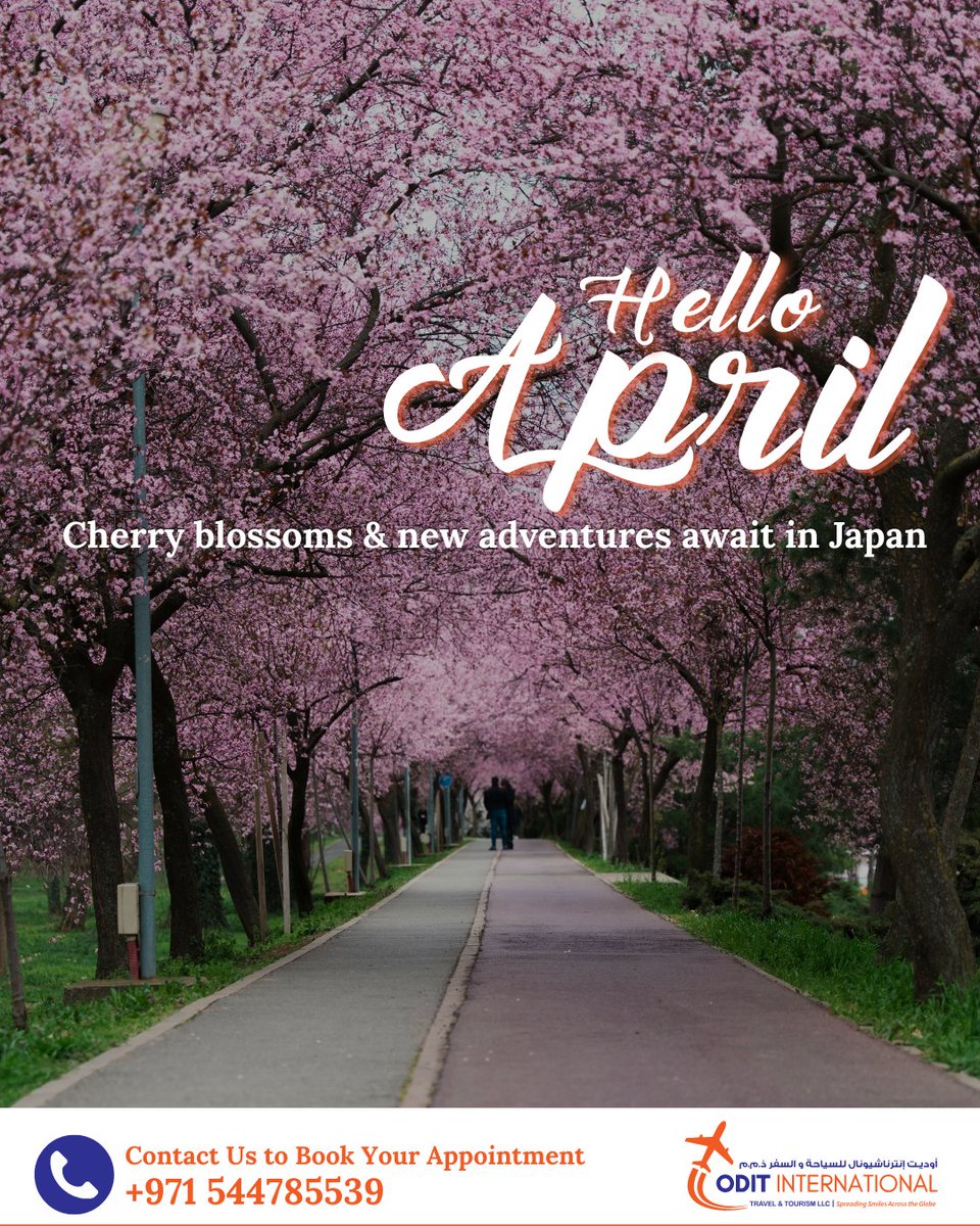OditTravels's tweet photo. Hello April 🌸 
Cherry blossoms &amp; new adventures await in Japan 🇯🇵✨
Book your Sakura escape today with Odit Travel ✈️🌸
.
.
📱 +971 54 478 5539
📧 info@odittravels.com
🌐 https://t.co/2VOurvZvgv
#OditTravel #HelloApril #JapanTravel #SakuraSeason #CherryBlossom https://t.co/EajaZbmbg2