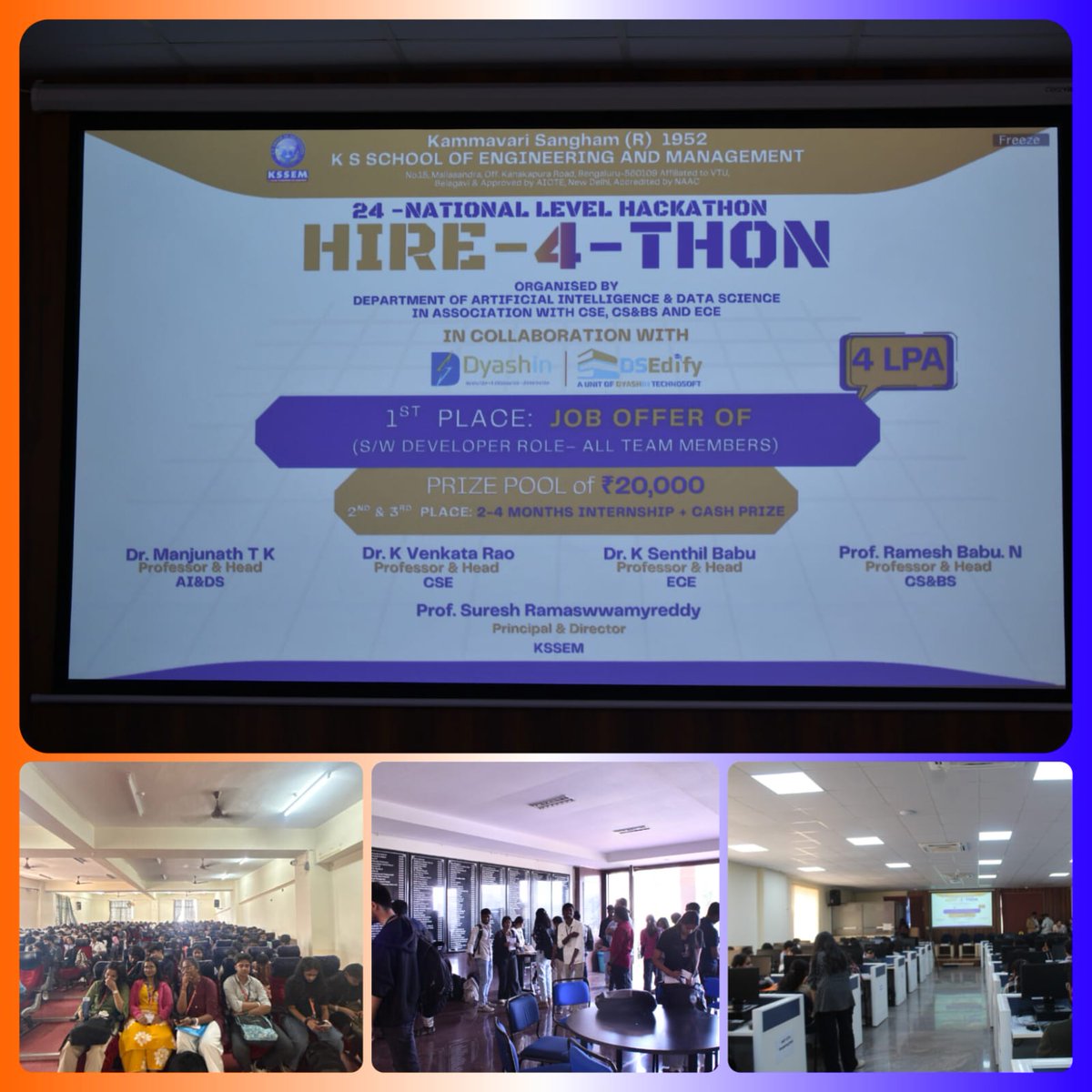 KSSEM_AI_DS's tweet photo. HIRE-4-THON 2026 @ KSSEM – Grand Success!
331 participants | 85 teams | 4 states 🇮🇳
24 hrs of innovation, mentorship &amp; real-world problem solving 💡
🏆 Winners announced &amp; 1st team secured job offers!
From ideas → impact 🔥
#Hire4thon2026 #KSSEM #Hackathon #Innovation #AI https://t.co/gIS2CKXJZo