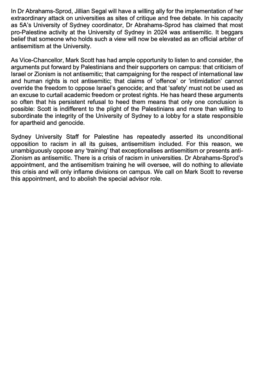 Sydney University Staff for Palestine statement on the appointment of a special advisor to the university on antisemitism . We call on Vice-Chancellor Mark Scott to reverse this appointment, and to abolish the special advisor role.