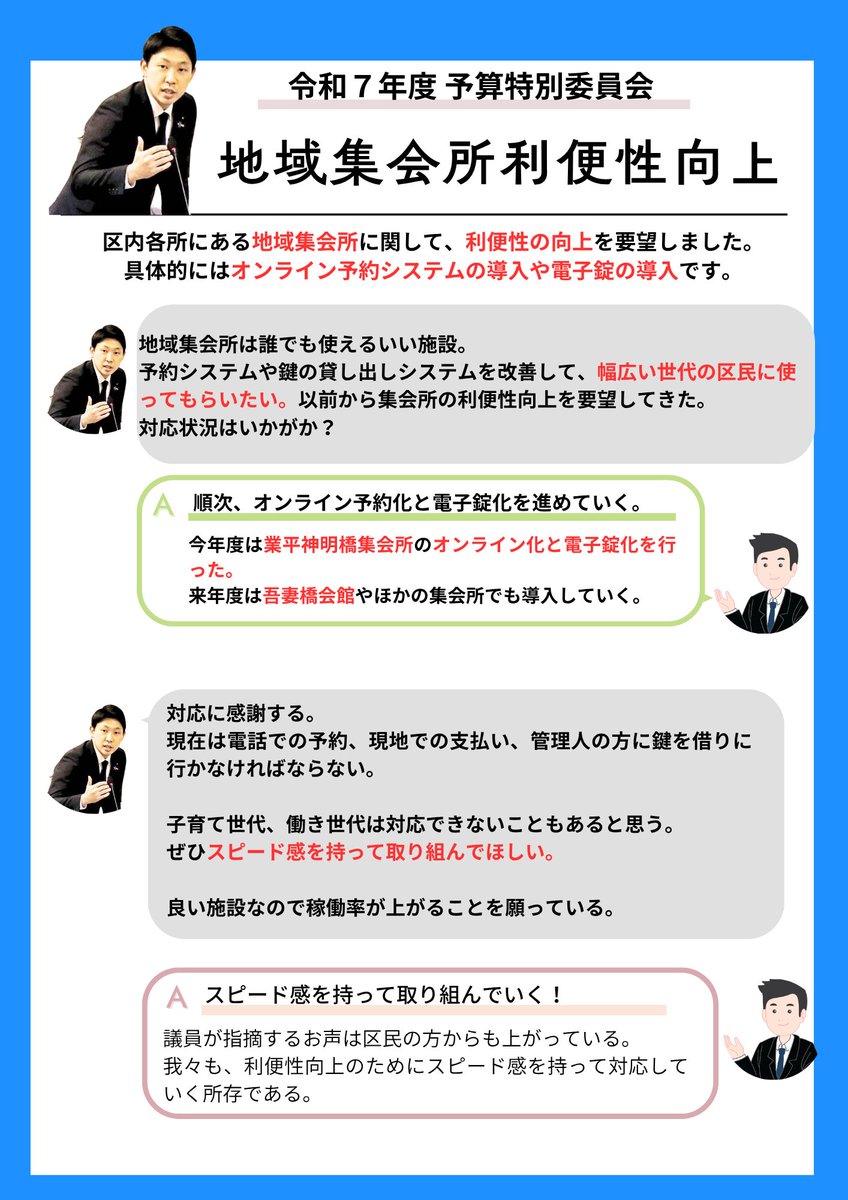 【地域集会所の利便性向上へ】

令和7年度予算特別委員会にて、
区内各所にある「地域集会所」の利便性向上について要望しました。

現在、
・電話での予約
・現地での支払い
・鍵の受け取り

といった手間があり、特に子育て世代や働き世代にとって使いづらい状況です。

そこで、