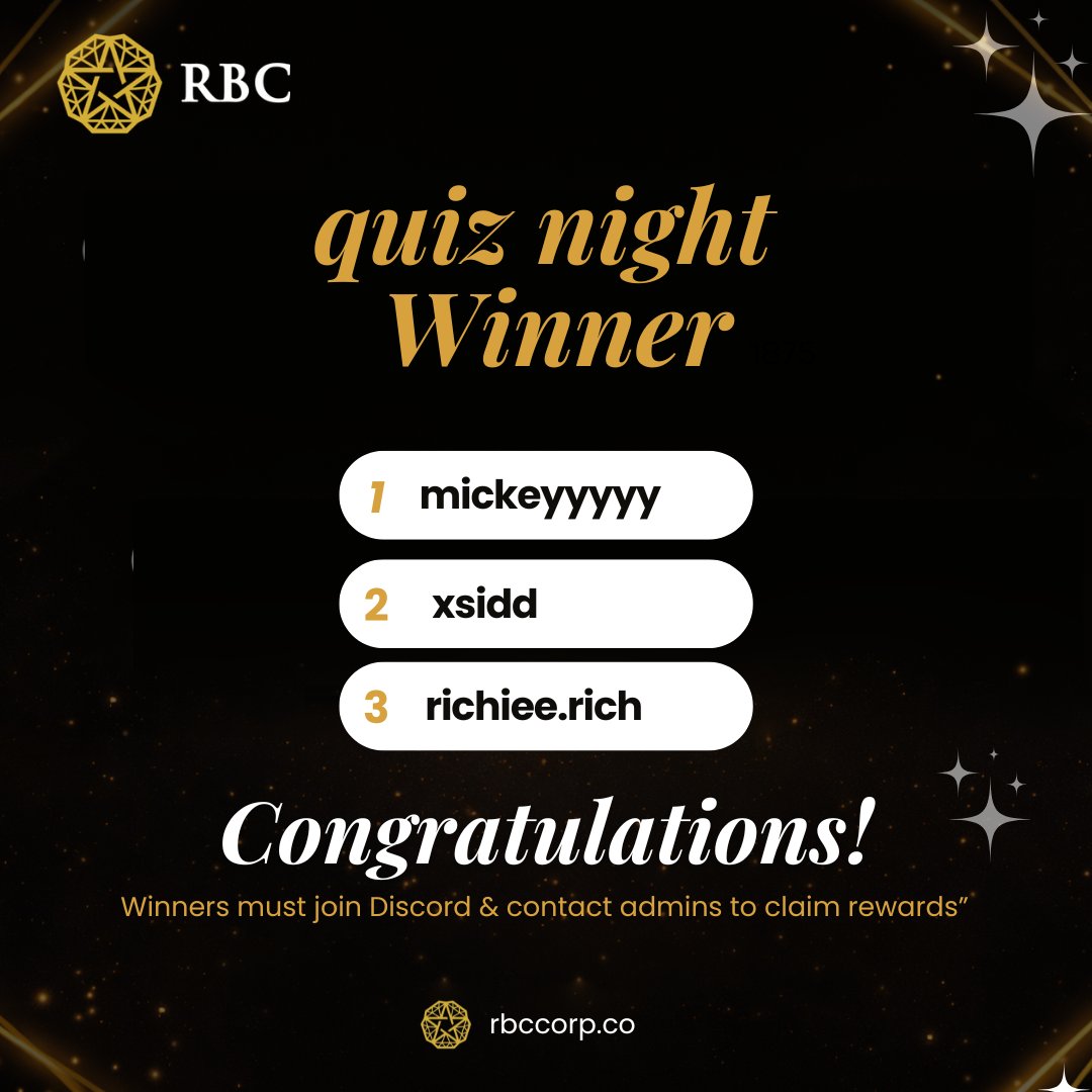 RBCDigitalGold's tweet photo. 🎉 RBC Quiz Night Winners Announced! 🎉

Big congratulations to our top performers 👇

🥇 mickeyyyyyy       [ $25 ]
🥈 xsidd.                     [ $15  ]
🥉 https://t.co/ggg6my7sdT           [ $10 ]

💰 Rewards are ready  claim via Discord
🔥 Huge thanks to everyone who participated

More exciting campaigns coming soon 👀

📍 Join us: https://t.co/qQefsM5LFW