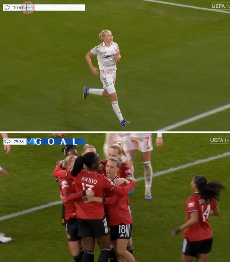 Foetbal247TBG's tweet photo. Pernille Harder scored twice at Old Trafford against Manchester United as Bayern won 3-2 and gained a precious first-leg advantage in their Champions League quarter-final tie. #MUNFCB #UWCL https://t.co/KaXVOYLvPi