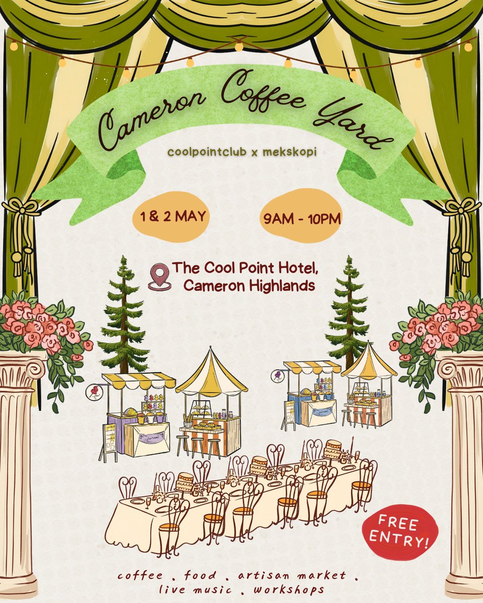 hanabilah90's tweet photo. Cameron Coffee Yard event akan berlangsung pada 1-2 May 2026 di Cool Point Hotel, Cameron Highlands.
Utk coffee atau food vendor yang berminat untuk join event ni boleh click link untuk daftar https://t.co/XOH1asJe69
Cepat!! Tempat terhad! 
Utk pengunjung, masuk adalah percuma! https://t.co/aZEGbij1C6