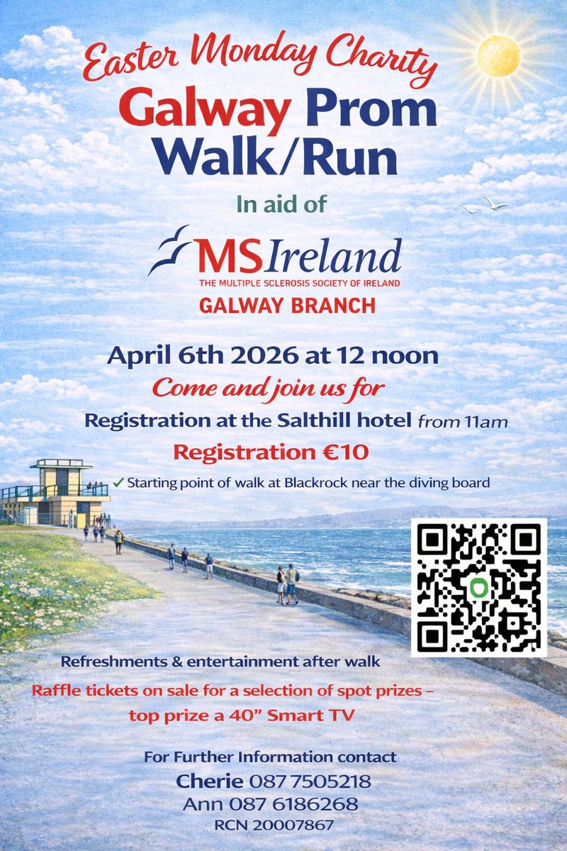MSIRELAND's tweet image. Not long to go until the Galway Prom Walk/Run this Easter Monday

April 6th at 12 noon
Registration from 11am at Salthill Hotel
€10 entry

Starting at Blackrock (diving board)

Raffle, refreshments &amp;amp; entertainment after.

#Galway #WalkRun #EasterMonday