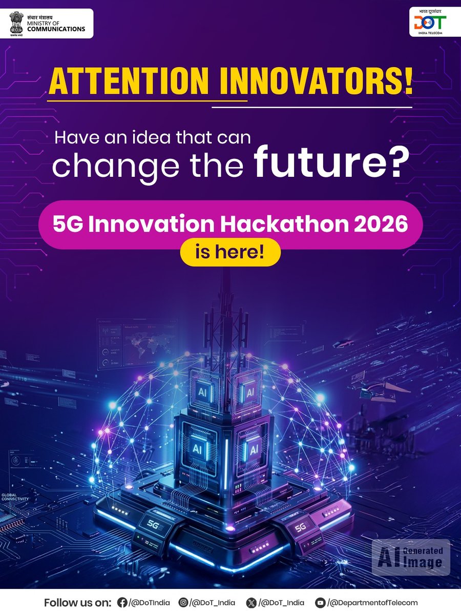 5G Innovation Hackathon 2026 by DoT is a national platform to turn ideas into real solutions using 5G, AI &amp; IoT.
Open for students, startups and innovators to build for India’s digital future.
Last date to apply: 17 April 2026
Apply now 👇
eservices.dot.gov.in/5ghackathon/