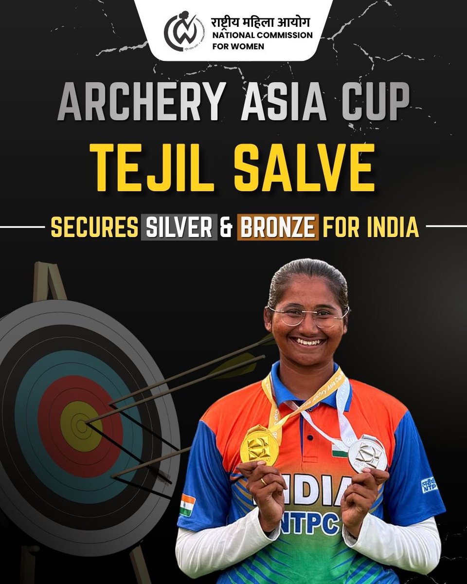 NCWIndia's tweet image. Proud moment for India as Tejil Salve clinches Silver &amp;amp; Bronze at the Archery Asia Cup Stage 1 in Bangkok.

Her dedication and hard work continue to inspire the nation.

#ArcheryAsiaCup #TejilSalve #ProudMoment #IndiaWins #NCW #WomenInSports
