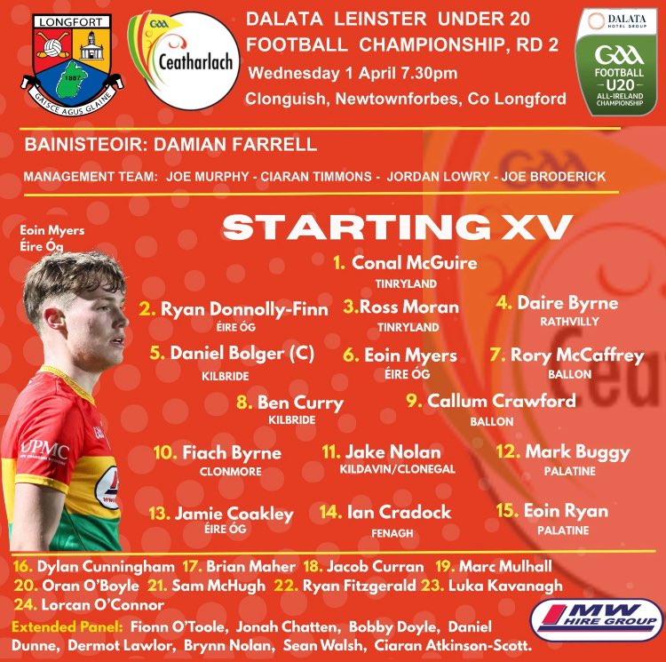 Carlow_GAA's tweet photo. 🇲🇱Bainisteoir Damian Farrell has named the @carlow_GAA team to play Longford in the Dalata Leinster U20 Football C'ship in Clonguish at 7.30pm this evening.

🎟️Tickets available online only:
https://t.co/bfFVAFo9Rt

🤞Best of luck to players &amp; management. https://t.co/mXTRtJfmOe