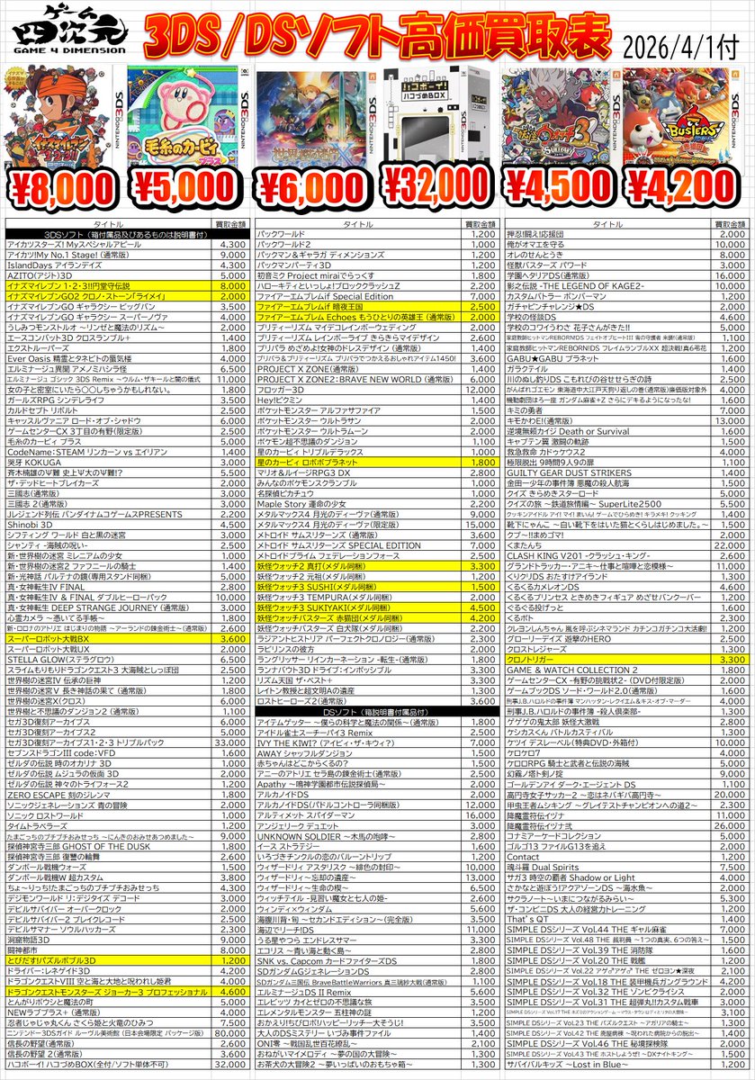 game4dimension's tweet image. 3DS/DSソフトの高価買取表を更新しました！
妖怪ウォッチ関連の人気がすごいですね…当店も買取価格上げました。よろしくお願いします。
＃ゲーム買取
＃3DS
＃DS