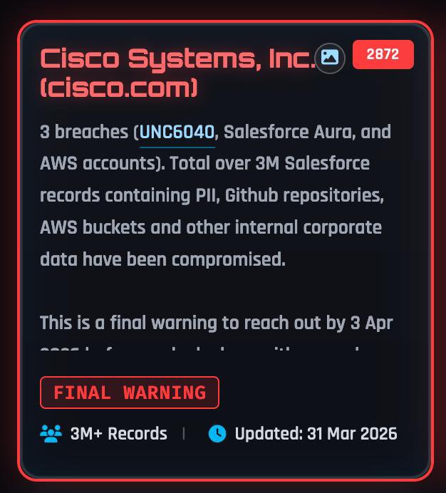 ransomnews's tweet image. 🚨 UPDATE ShinyHunters

With 3 allegedly active breaches (UNC6040, #Salesforce Aura, #AWS accounts), and a total over 3M Salesforce records, threat actor #ShinyHunters sets a final warning before the data release, on April 3rd.

#ransomNews #databreach