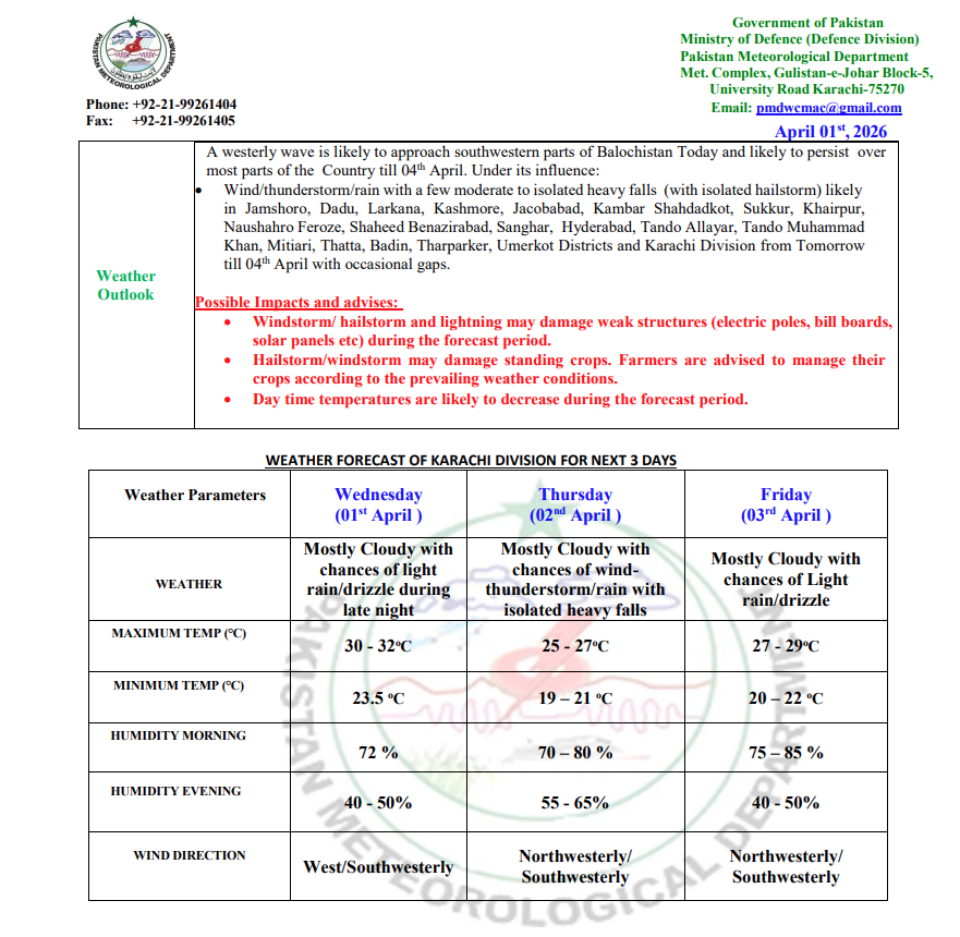 pmdgov's tweet photo. Karachi Weather Outlook: Westerly Wave to Bring Rain, Thunderstorms &amp; Temperature Drop Till April 04, 2026
#KarachiWeather #WeatherUpdate #PakistanWeather #RainAlert #Thunderstorm #WesterlyWave #PMD #SindhWeather #ClimateAlert #WeatherForecast https://t.co/hxmlxLXZFw