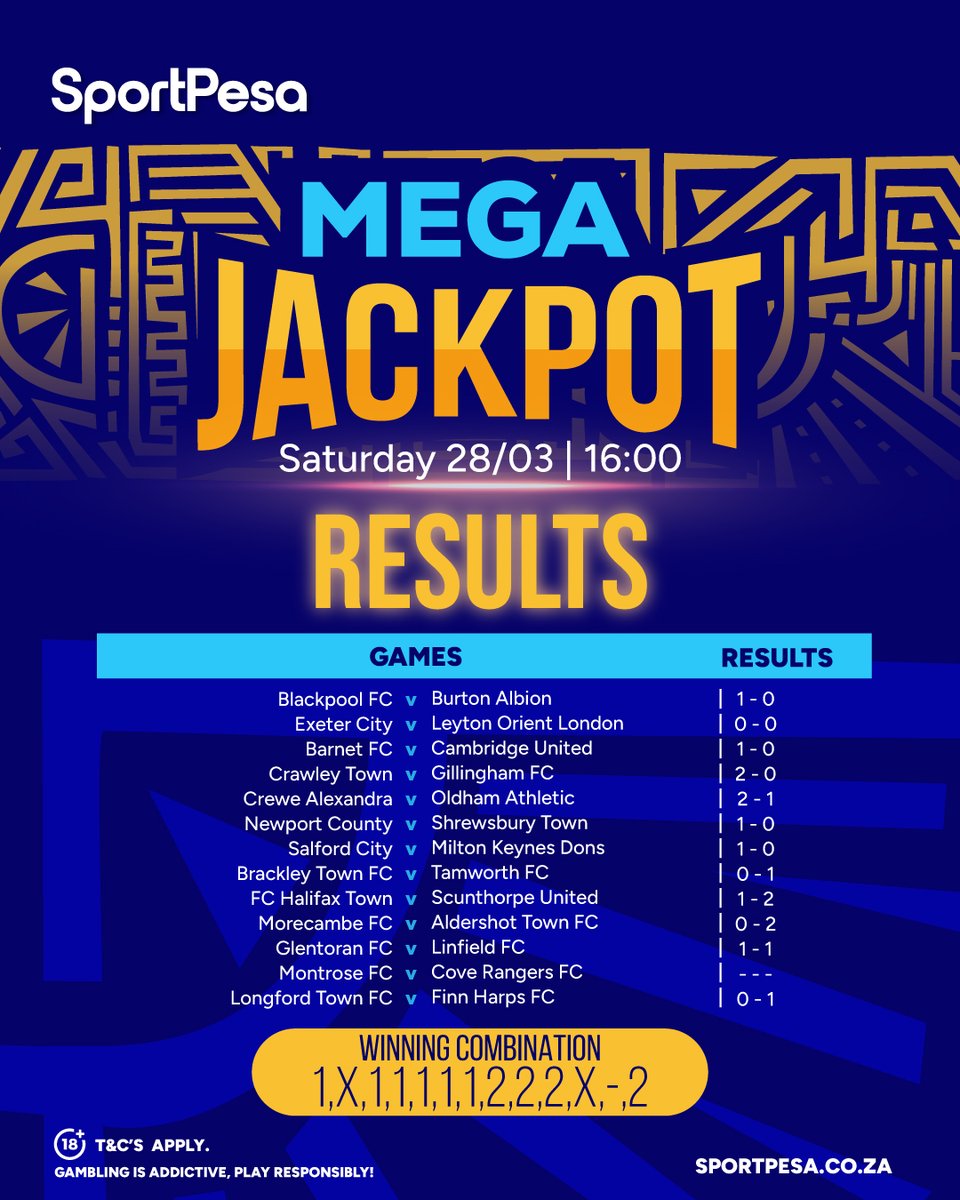 SportPesaSA's tweet image. MEGA JACKPOT RESULTS ARE IN🔥
Did your picks make the cut? 

Check out the weekly Mega Jackpot Results 👉 sportpesa.co.za/en/megajackpot

#SportPesaSA #MakeItCount | #MegaJackpot