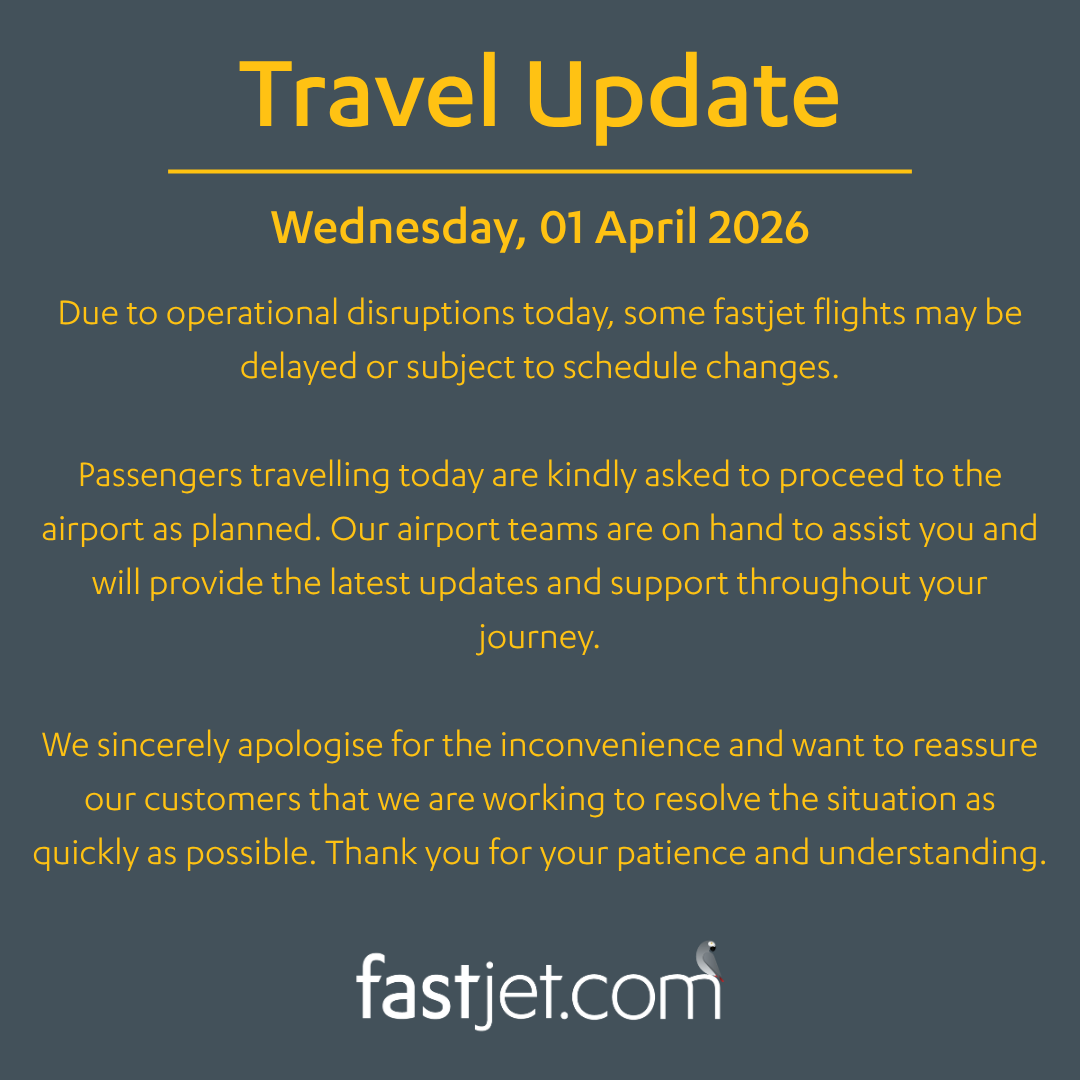 fastjet's tweet photo. Travel Update 01 April 2026
#fastjet https://t.co/SnMGF9258b