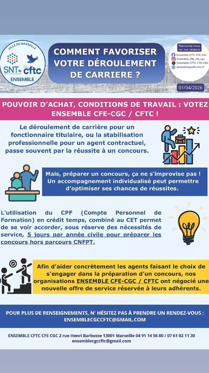 EnsembleCftcCgc's tweet photo. Bonjour à toutes et à tous 
Parce que nous nous préoccupons aussi de votre déroulement de carrière 
Bonne lecture 
@marseille https://t.co/0iGjkCAKWn