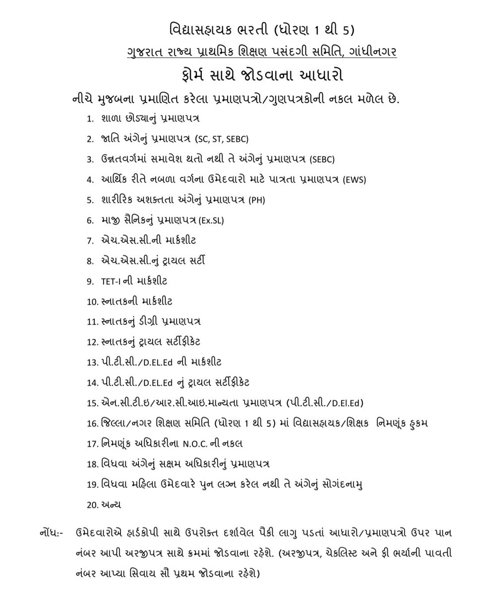 ધોરણ ૧ થી ૫ના વિધ્યાસહાયક ફોર્મ સાથે જોડવાના આધારોની યાદી
