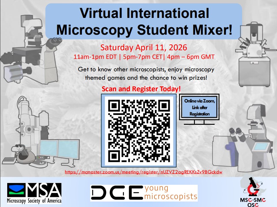 _ydge's tweet photo. 🌍🔬 Join the Virtual International Microscopy Student Mixer! 📅 Apr 11, 2026 🕒 |5pm–7pm CET Meet fellow microscopists, play games &amp; win prizes! Register via link or scan the QR code on the flyer. 🔗 https://t.co/kJ3DTQvjkZ https://t.co/oTrpXxwNs6