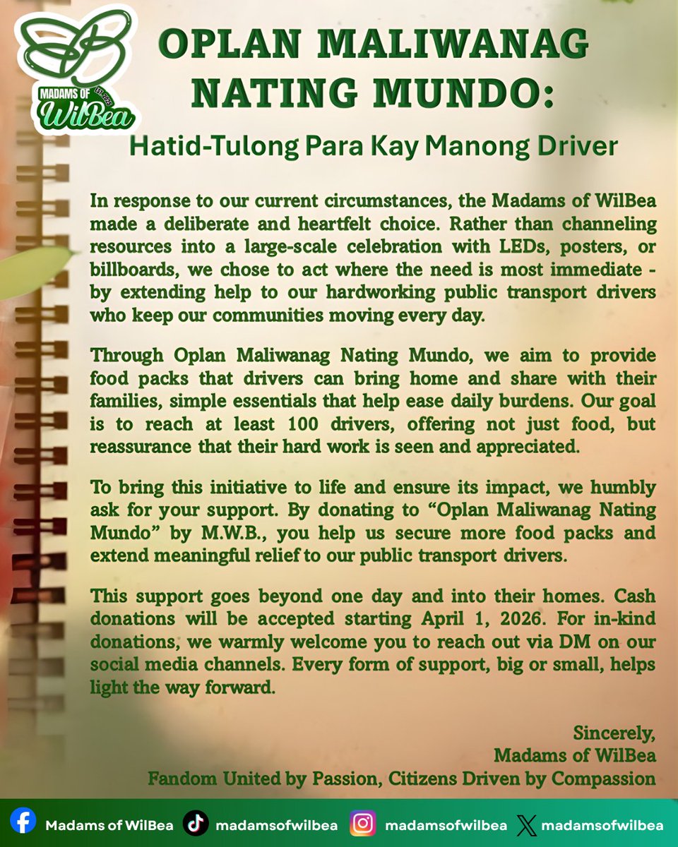 madamsofwilbea's tweet photo. From fandom to action. Stand with us in making our public transport drivers' journey lighter
Join Oplan Maliwanag Nating Mundo. Helping our drivers, one meal at a time.
Accepting donations starting today April 1, 2026.
#OplanMaliwanagNatingMundo
#HatidTulong #ParaKayManongDriver https://t.co/yayKFFkjZa