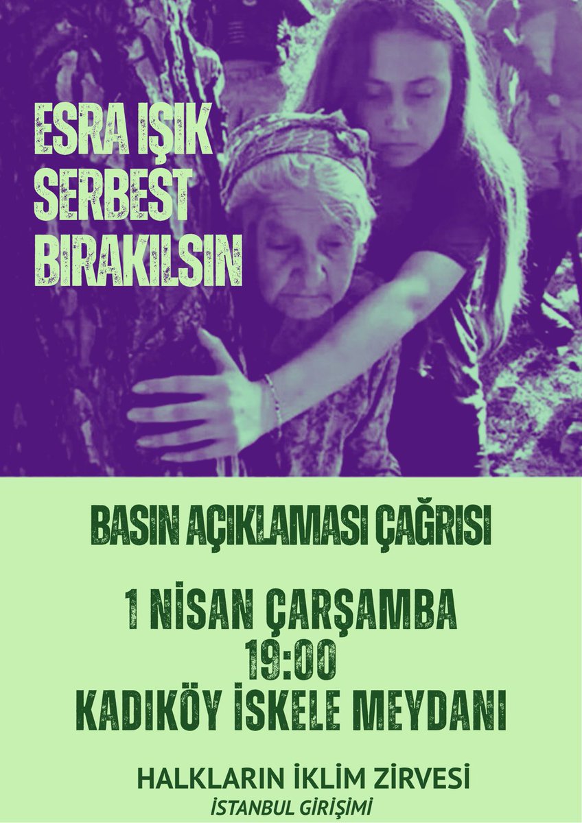 Doğa için, Adalet için, ESRA IŞIK için, 
🗓️ 1 Nisan Çarşamba (Bugün)
🕡 18.30
#EsaraIşıkıSerbestBırakın