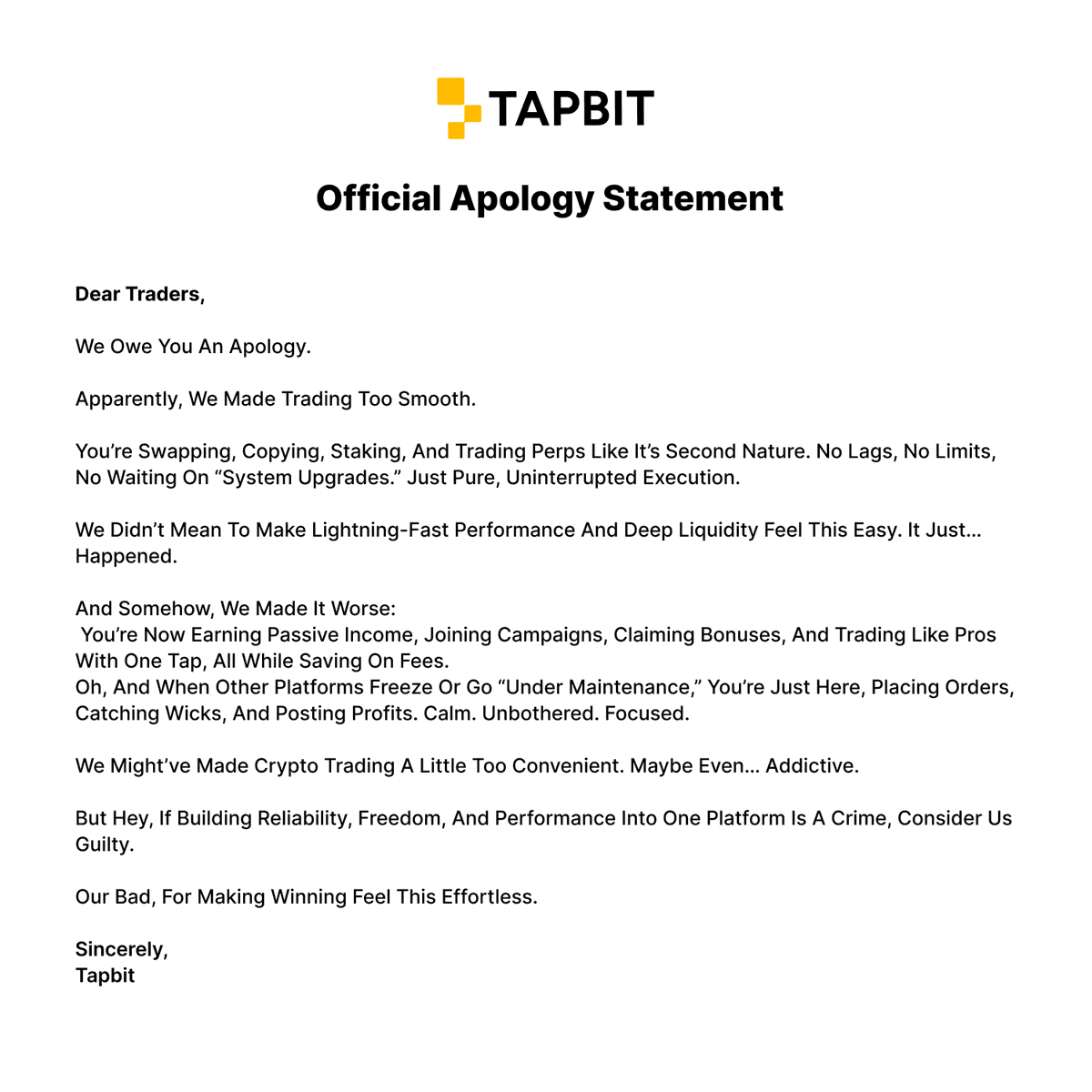 Tapbitglobal's tweet photo. We are sorry. https://t.co/q2gqAI0hFD