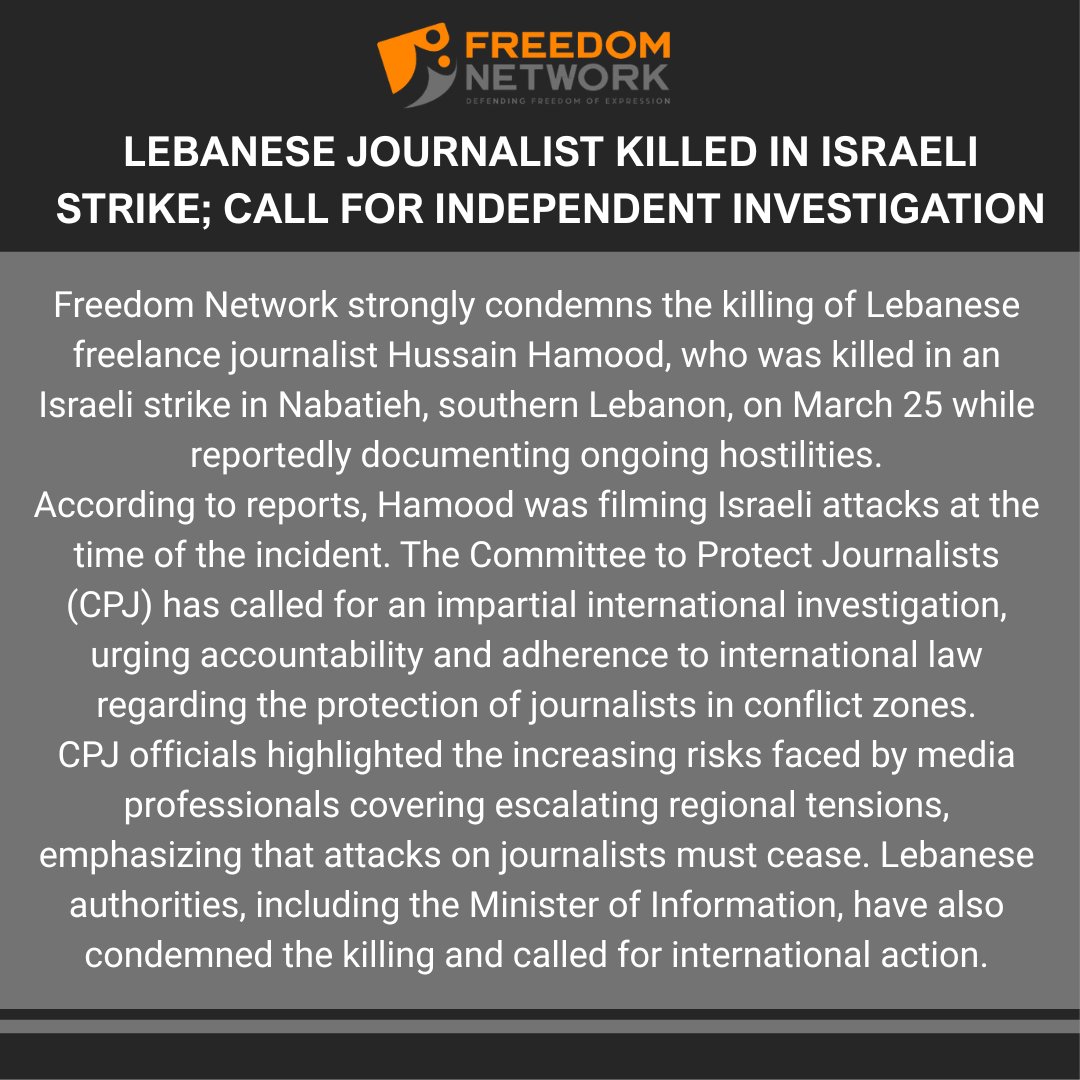 pressfreedompk's tweet image. Freedom Network condemns the killing of journalist Hussain Hamood in Lebanon, highlighting growing risks for media workers in conflict zones. Calls for an independent probe underline the urgent need for accountability and protection of journalists.
#FreedomNetwork #FreedomOfPress