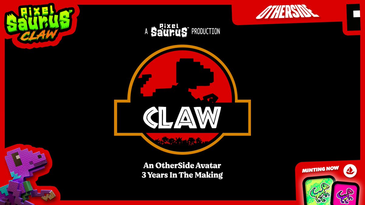 PixelSaurus's tweet photo. Coming TOMORROW to the @OthersideMeta! 🦕🦖🌋

We're incredibly excited to launch our Claw Avatars in the OtherSide Tomorrow! 5 x FREE designs that you'll be able to choose from and switch out!

Mint YOUR PixelSaurus® Claw's on OpenSea | 0.02 ETH
✨  https://t.co/B2Fw9CWUpC https://t.co/gTJkkgByth