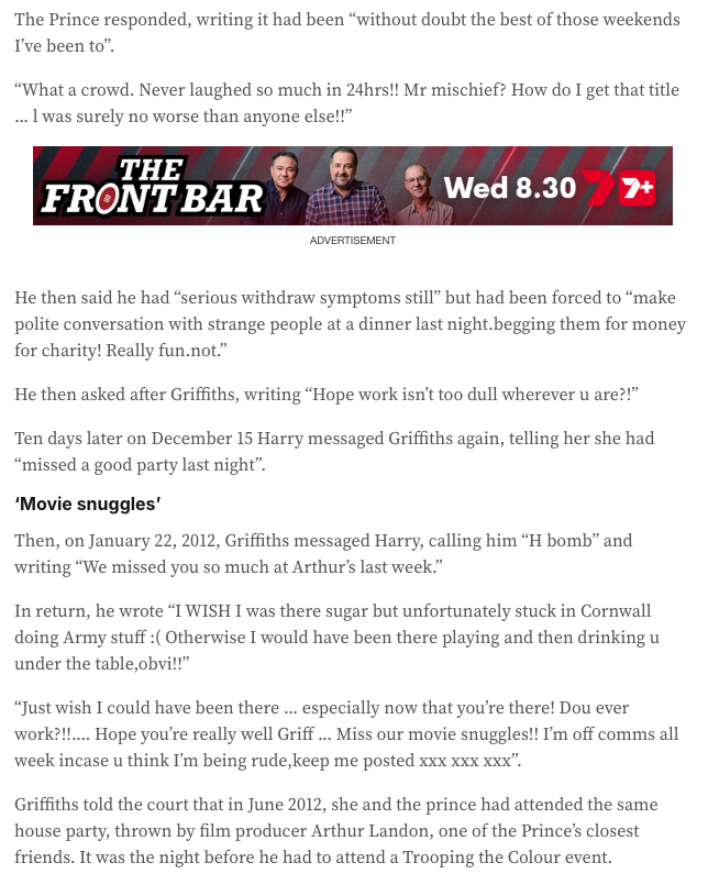 TheOnlyDuchess6's tweet image. The conversations between #PrinceHarry and Charlotte Griffiths

Phone records show there was a call between Harry and Griffiths at 2.50am in June 20212 and three text messages exchanged between them the next morning (after Trooping the Colour event), The Telegraph reports.

The