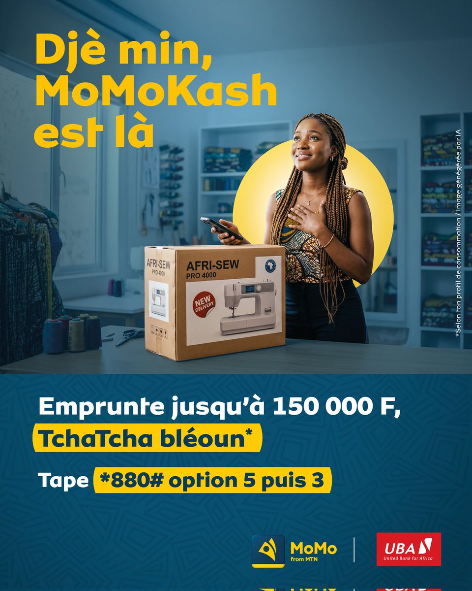 Avec MoMo, il y a toujours une solution.
Machine en panne ? Petit business à booster ? Pas de panique… MoMoKash est là pour toi. 
Emprunte jusqu’à 150 000 F sans stress.
Rapide, simple, efficace
Diè min… l’argent arrive quand il faut.
Tape *880# option 5 puis 3
#MTNMoMo