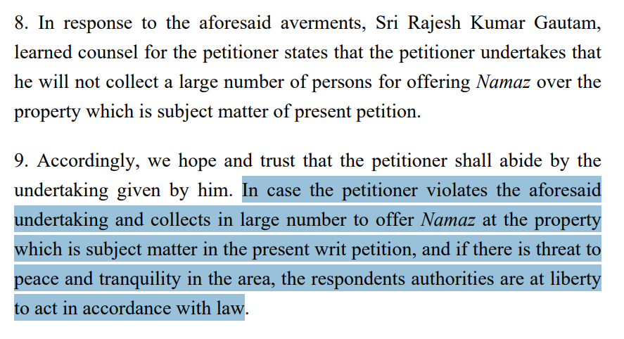 LiveLawIndia's tweet image. If the petitioner gathers a large number of people to offer #Namaz and threatens the peace and tranquillity of the area, the authorities are free to act in accordance with the law, says #AllahabadHighCourt