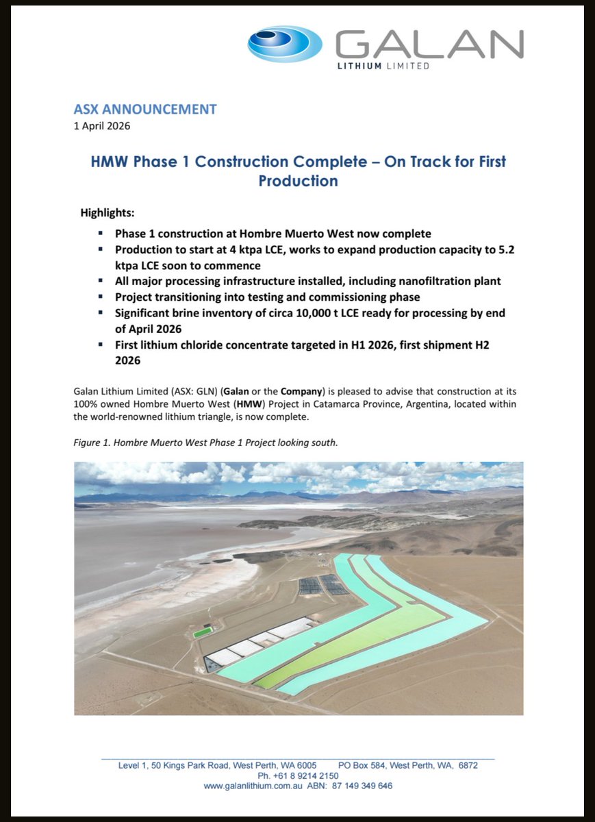 $GLN finished the assembly of the productionplant. Now the testing begins and soon they will start producing with a capacity of 4.000 LCE - later upgrade to 5.200 LCE. 
The first shipment of it's pre-product lithium chloride is targeted at the second half of 2026. 
The stock