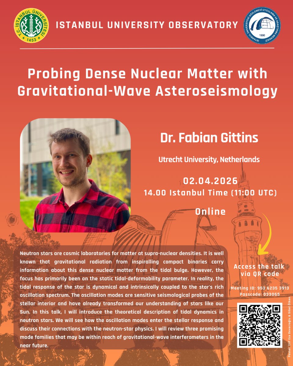 Tugbaastro's tweet photo. "Astrophysics Talk Series 202​6" April talk will take place today at 14:00 Istanbul Time (12:00 CET). Fabian Gittins from Utrecht University Join Zoom Meeting !! Zoom Link:
https://t.co/ovOSZ3IUEA

Meeting ID: 953 6235 3913
Passcode: 033065@fabiangittins #astrophysics https://t.co/AXZdTlRf3A