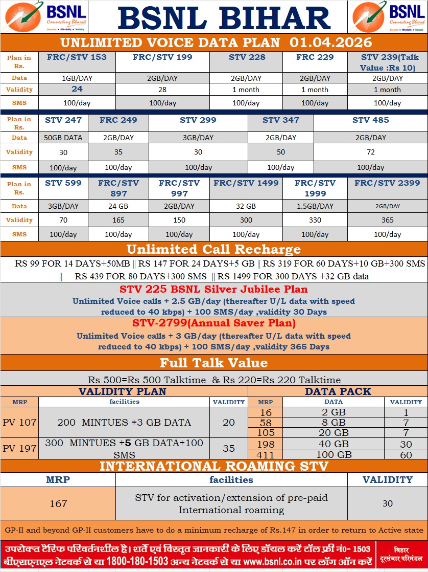 BSNL_BIHAR's tweet image. #BSNL Prepaid #Mobile Tariff Plans of BSNL BIHAR Telecom Circle Bihar Circle APR-26 dated 01.04.26 #BSNL India
#BSNLOffer
#BSNL4G