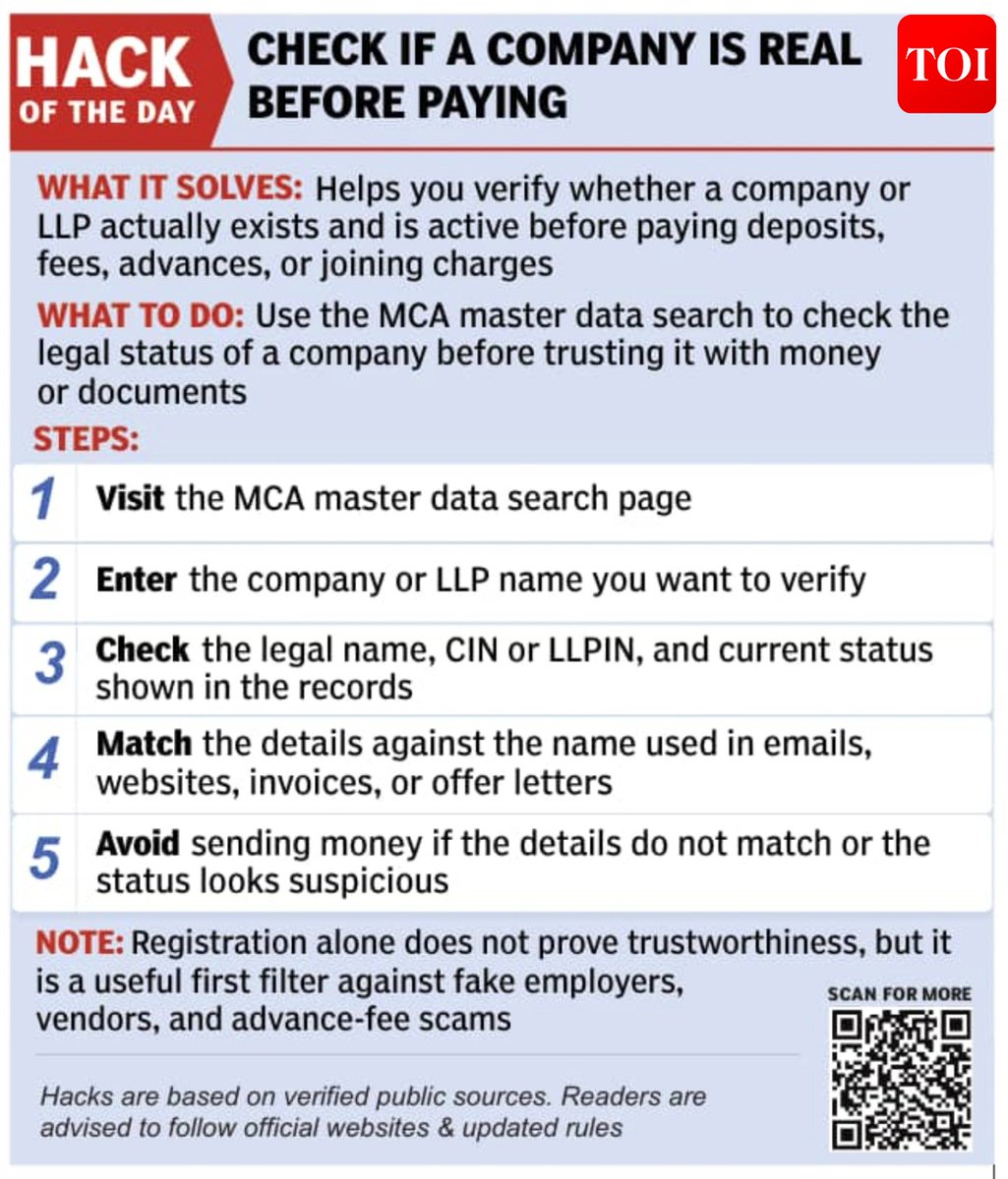 timesofindia's tweet image. 💡 Hack of the Day 💡

Check if a company is real before paying 🔗toi.in/AIgHXb18

The #TimesofIndia brings you '#HackoftheDay' — a new weekday series of quick, practical solutions to everyday hassles. Each hack is designed to save you time, money, or stress, using tools