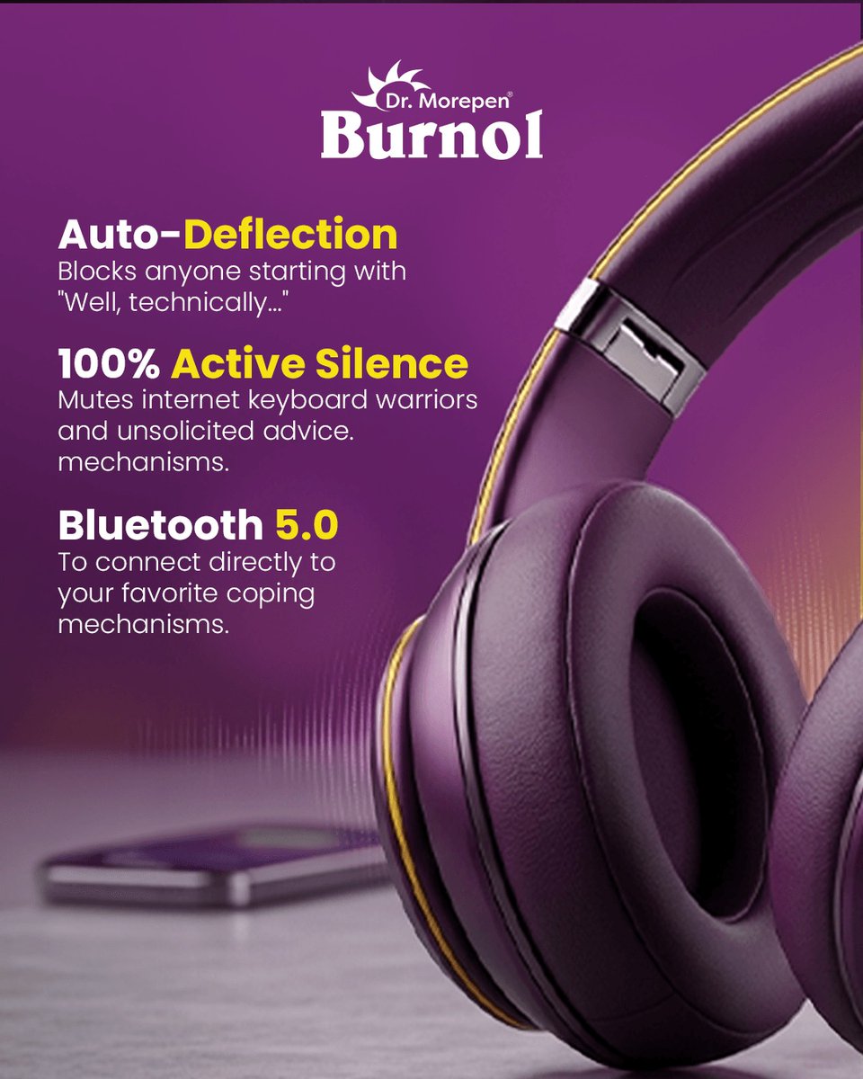 Drmorepen_ltd's tweet photo. Yes, a Skin brand made headphones. Because let's face it, some of you desperately need help. 😭🎧

Stop tagging us every time someone gets roasted online. Our cream can't fix a terrible opinion, so we made the Burnol Hater Headphones (Swipe to see the specs!).

Tag a friend who needs to put these on right now. 👇