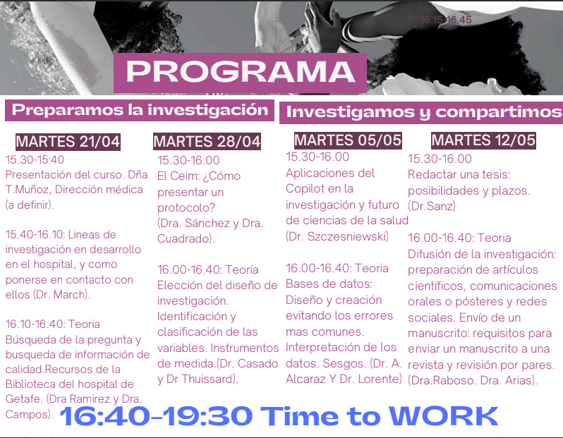 biblioGetafe's tweet photo. 📣 ¿Quieres iniciarte o avanzar en investigación clínica?

Abierta inscripción al 6.º Curso Teórico-Práctico 
"Principios Básicos en Investigación Clínica"

Formación acreditada muy práctica para profesionales sanitarios.

🗓 21 y 28 abril, 5 y 12 mayo
🔗 https://t.co/Sd7LWU442T https://t.co/LRqZiGx1Oc