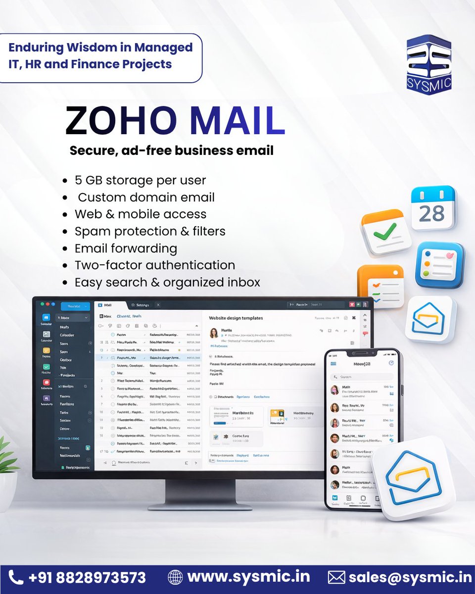 sysmicit's tweet photo. Upgrade to Zoho Mail โ secure, ad-free business email
โข 5GB storage
โข Custom domain
โข Web & mobile access
โข Spam protection & 2FA
Get started today!
๐ +91 8828973573
๐ https://t.co/Ul61dfzXk8
๐ง sales@sysmic.in
#ZohoMail #BusinessEmail #WorkSmart #SecureEmail #Sysmic https://t.co/qWn2e5UJYl