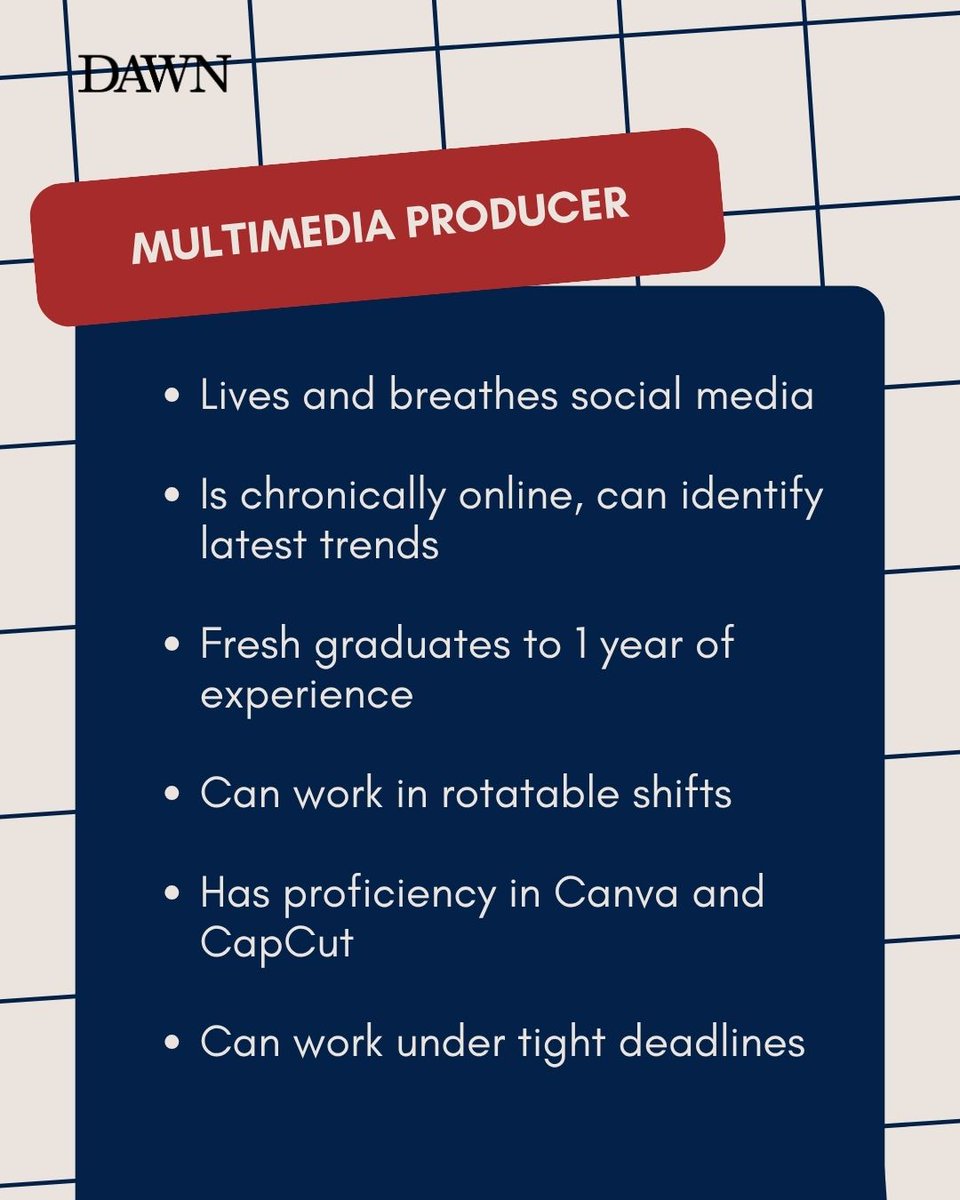 Dawn.com is hiring a Deputy Editor and a Multimedia Producer for its Social Desk.

If you are chronically online and can work in rotatable shifts, we want to hear from you!

Send your CVs, portfolios, and cover letters to social@dawn.com.

Please include a brief