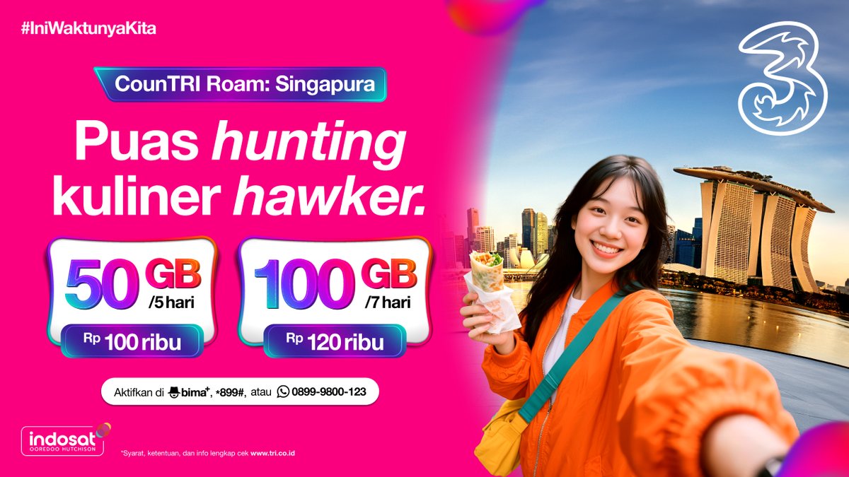 triindonesia's tweet photo. Hunting hawker di Singapura tuh gak cukup satu spot doang π
Biar bebas cari kuliner viral, maps-an, upload story, sampai video call tanpa drama, pakai CounTRI Roam Singapura!
Mulai 50GB sampai 100GB, semuanya bisa kamu pilih di aplikasi #bimaplus
Aktifkan melalui TRI Official WhatsApp 0899-9800-123.
#IniWaktunyaKita