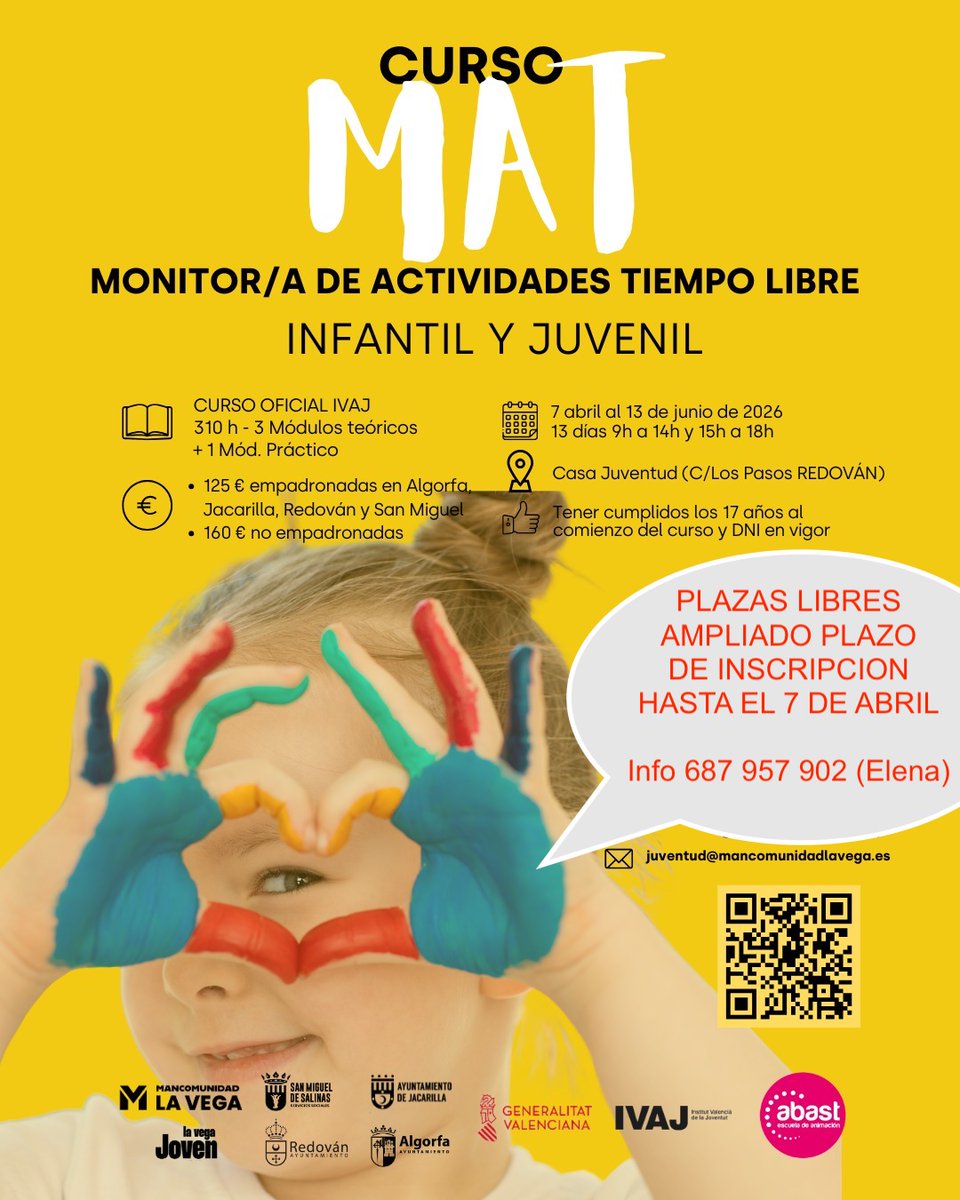 MLVlavega's tweet photo. Quedan plazas libres en el curso monitor de tiempo libre Infantil y Juvenil MAT, por lo que ampliamos el plazo de inscripción hasta el 7 de abril. Curso homologado por @GVAivaj e impartido por @abast_animacio   Inscripcion https://t.co/GuZUHKoMHs Info en el📲 687 957 902 (Elena) https://t.co/G8iMXAH8sV