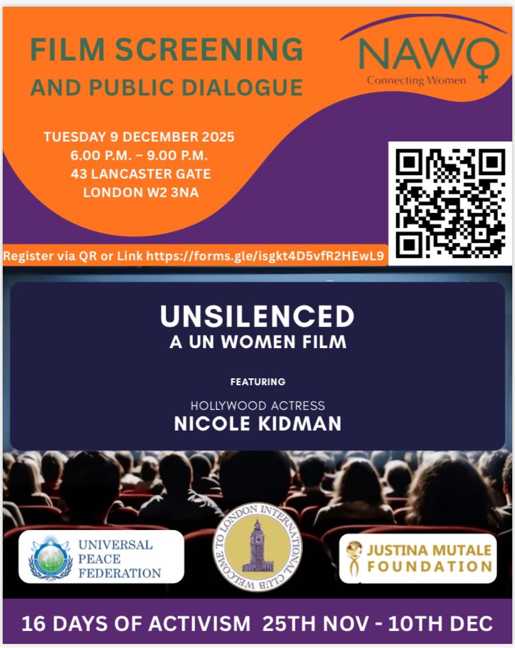 ukUPF's tweet image. Survivors, activists and legal experts shared powerful insights at 'Unsilenced' film screening, organised by National Association of Women's Organisations and the Justina Mutale Foundation held in Universal Peace Federation UK HQ #16Days #EVAW #UPF See uk.upf.org/evaw-unsilenced