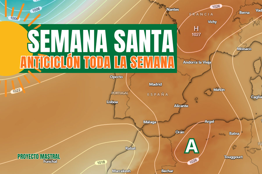 ProyectoMastral's tweet photo. ¡Hay anticiclón para rato! Actualizamos nuestro pronóstico para estos días de Semana Santa: tiempo estable, soleado y con temperaturas suaves en la costa y algo más altas en el interior. Solo destacamos algo de viento en las tardes de miércoles y jueves.  https://t.co/Rj2nnTZvt8 https://t.co/4CnBzOGYWk