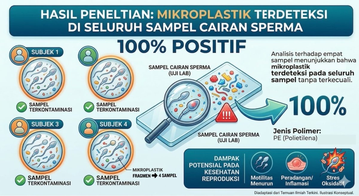 Salah satu hasil penelitian <a href="/ecotonID/">ECOTON</a> dan Fakultas Kedokteran Unair. 4 sampel sperma, semua mengandung mikroplastik.

Butuh 96 sampel lagi.
Yang tertarik, bisa kontak Ecoton.

Hidup ini tanpa orang-orang jahat macam Bais atau Israel aja udah bahaya. Ditambah lagi ada mereka.