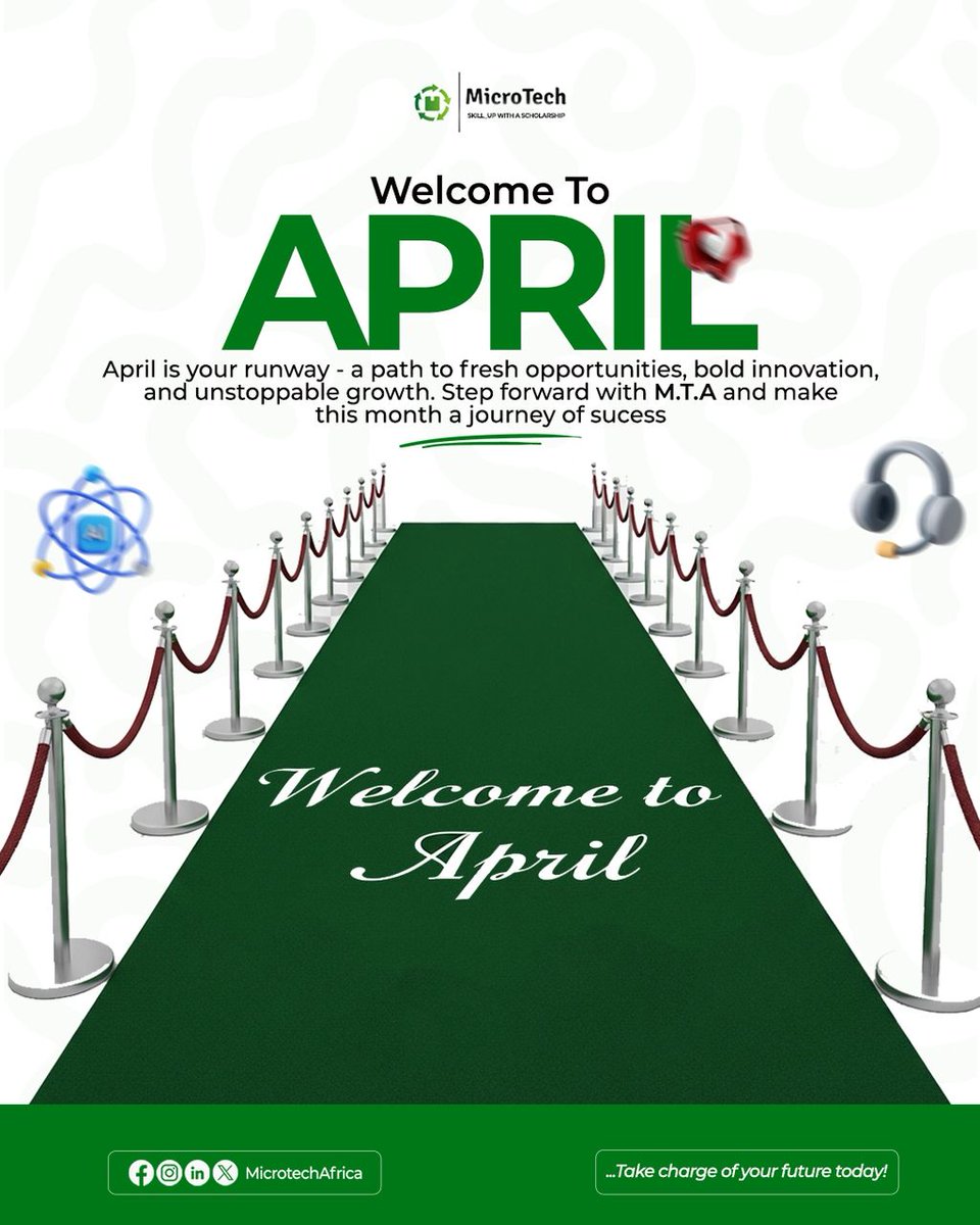 There’s something about the new month…

It reminds you that you can start again, aim higher, and do things differently.

April is your runway, walk into it with confidence ✨

Happy New month!!!!

#TechSkills #microtechafrica #MicrotechImpact