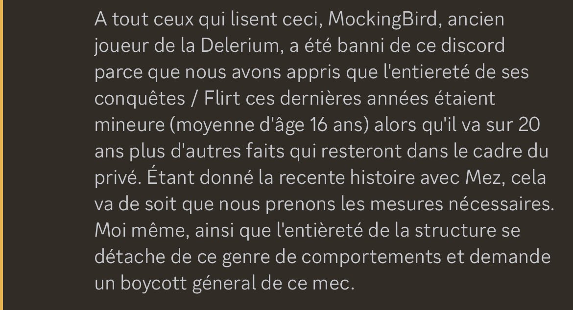 <a href="/Mockingbird_R6s/">??? | Thibault ''Mockingbird'' 𖣂</a> bah alors frero toi aussi tu t’amuses avec des filles de 16ans ? et t’a osé faire 20 tweets quand romy a mis son histoire avec Mez, t’es osé comme mec