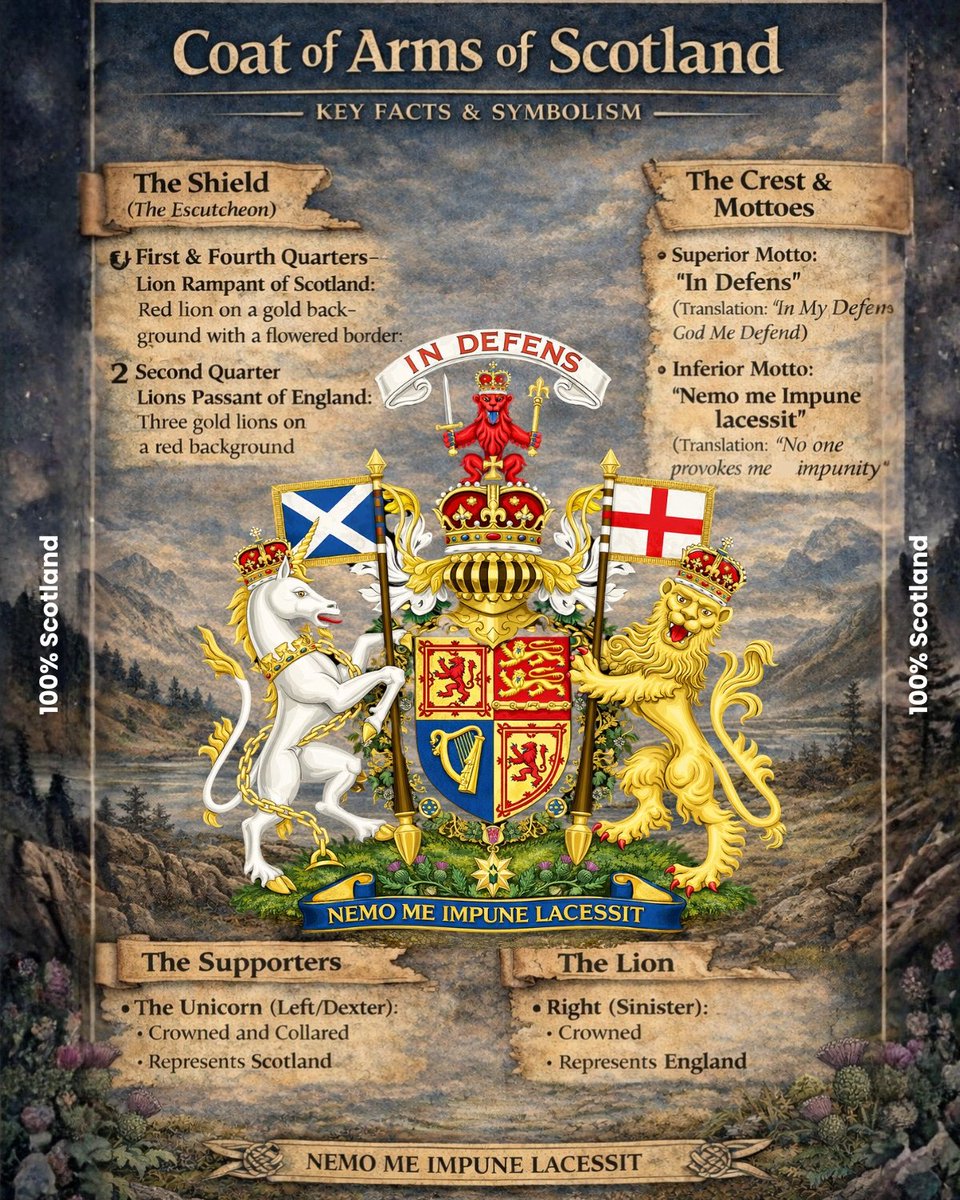 scotland_100's tweet image. 🏴󠁧󠁢󠁳󠁣󠁴󠁿 A unicorn and a lion guarding Scotland’s royal shield.

The Coat of Arms of Scotland is full of powerful symbols, from the proud red lion to the famous motto: “Nemo Me Impune Lacessit.”

#100Scotland #travel #adventures #scotland