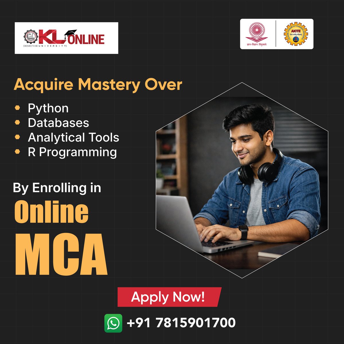 klu_online's tweet image. Ultimately, mastery of skills leads to great professional heights.

#onlinemca #onlinedegree #workingprofessionals #careeropportunities #Python #Databases #Analyticaltools #Rprogramming