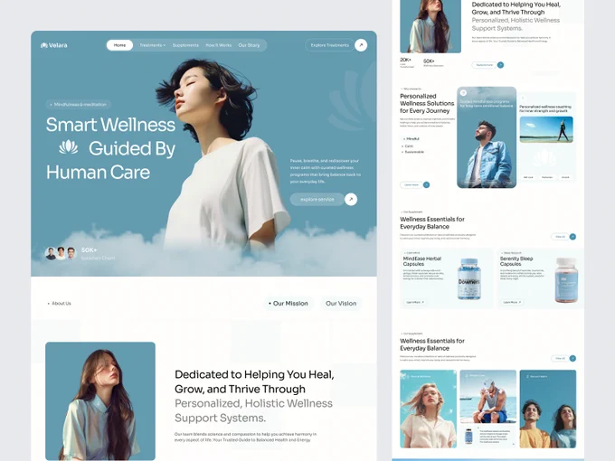 웰니스 랜딩 페이지 — 더스티 블루 히어로와 카드형 섹션