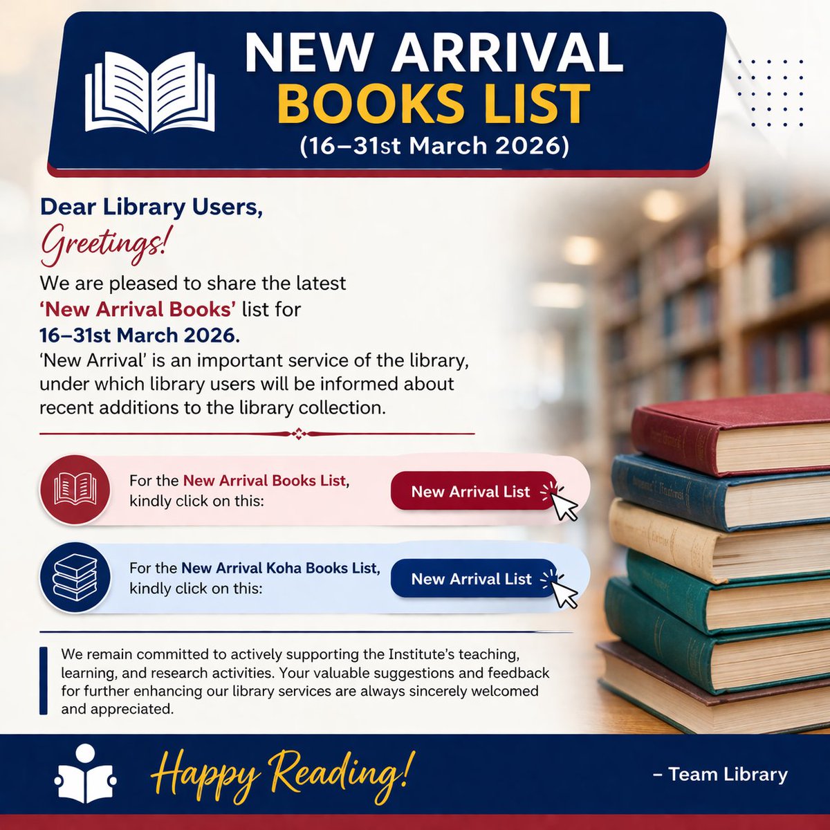 KnowledgeResou5's tweet photo. 📚 New Arrival Books (16–31 March 2026)

Explore the latest additions to our library collection.
Check the New Arrival &amp; Koha lists now!

https://t.co/buS6q9AWqc

https://t.co/O2cR9URWfr

Happy Reading!

#NewArrivals #LibraryUpdate #ReadingCulture https://t.co/OaOFUGDUHG